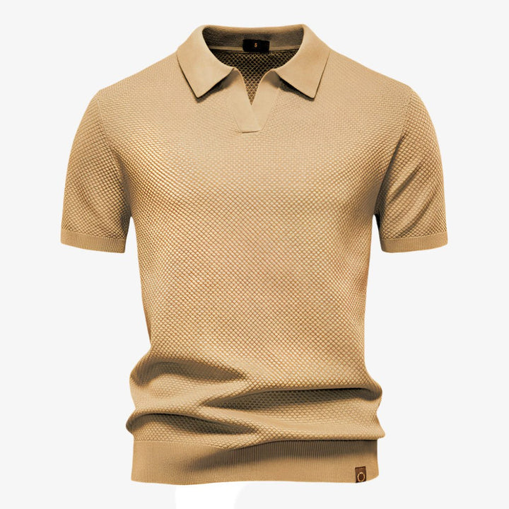 Modern men's V-neck short sleeve polo, buttonless design for casual everyday fashion.
