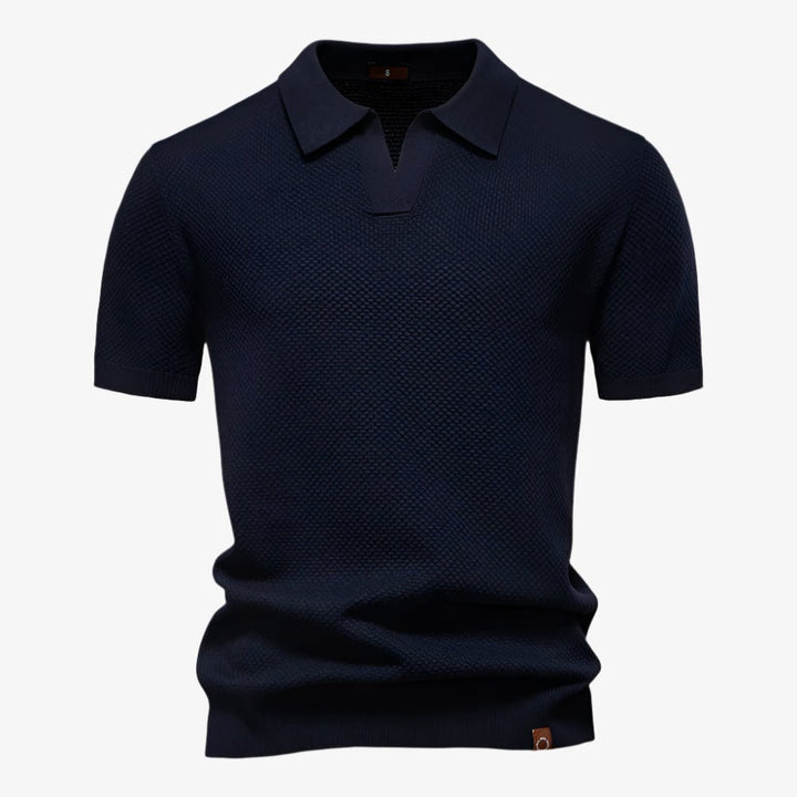 Stylish men's short sleeve V-neck polo, perfect for casual summer fashion and comfort.