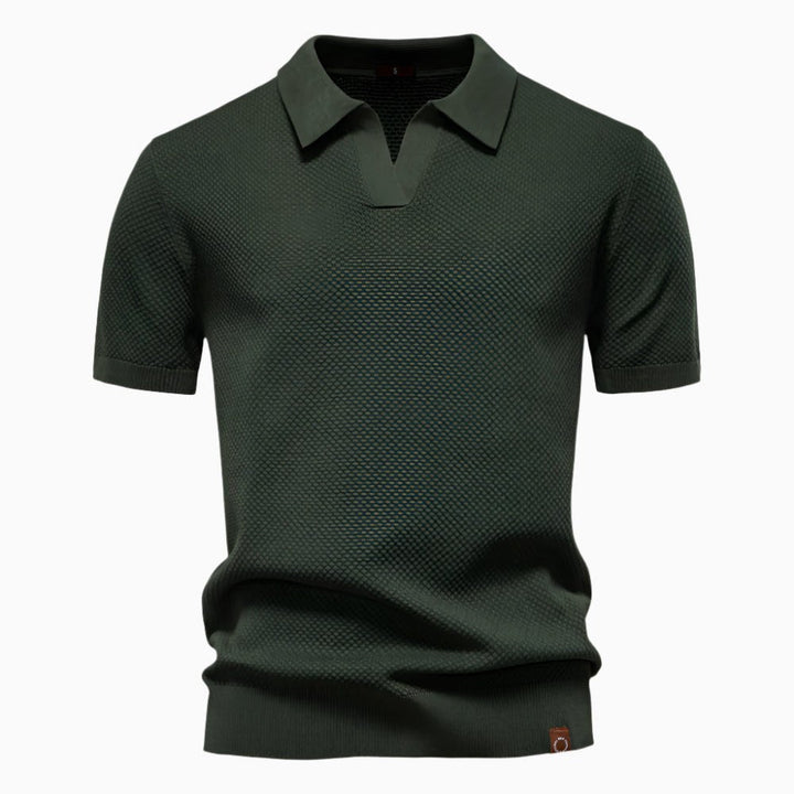 Classic men's short sleeve V-neck polo, ideal for casual outfits and summer style.