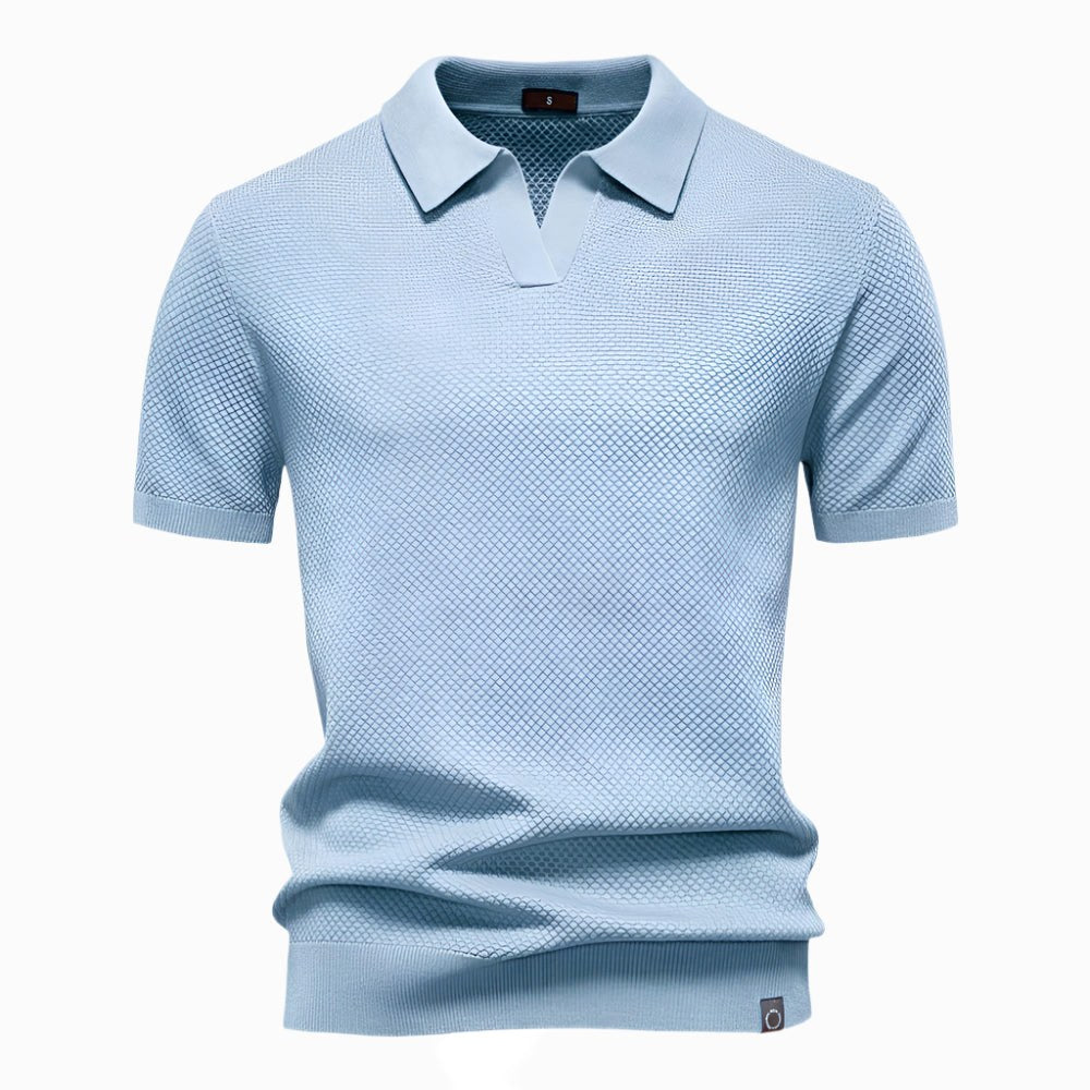 Fashionable men's V-neck short sleeve top, a comfortable buttonless polo for casual wear.