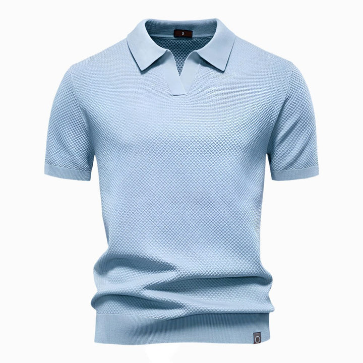 Fashionable men's V-neck short sleeve top, a comfortable buttonless polo for casual wear.