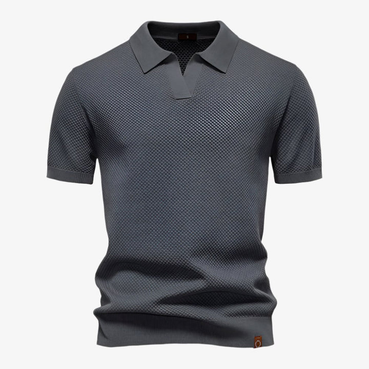 Versatile men's V-neck polo shirt, short sleeves for relaxed summer fashion.