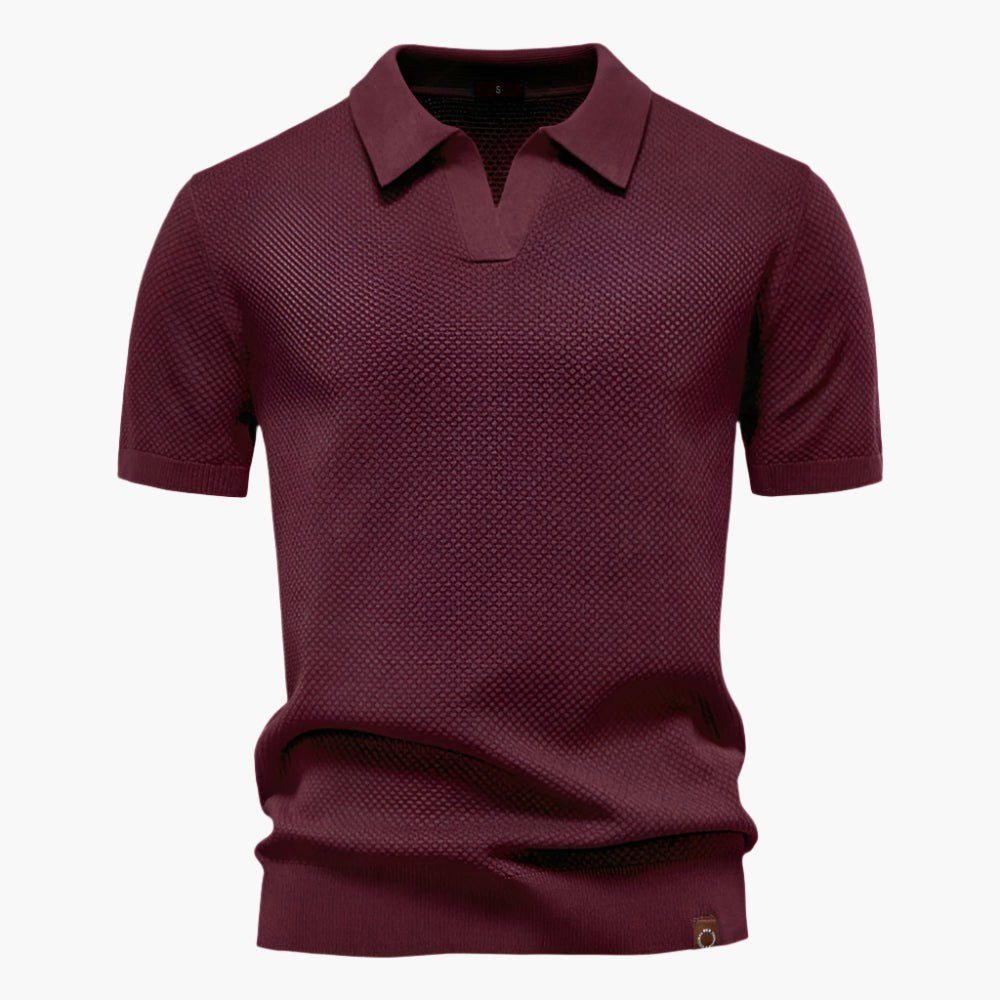 Men's V-neck casual polo shirt with short sleeves, a relaxed fit for summer comfort.