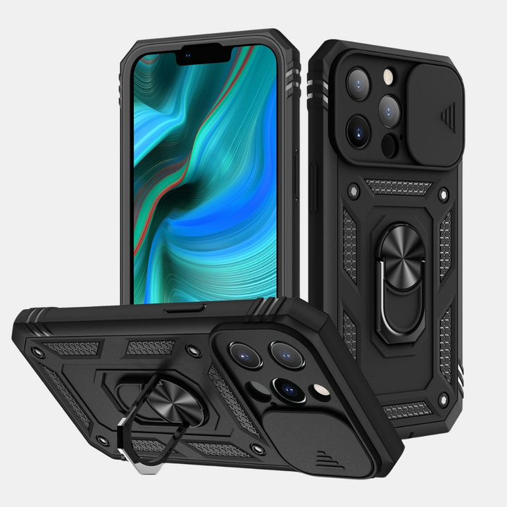 Shockproof iPhone case featuring a built-in kickstand for hands-free viewing