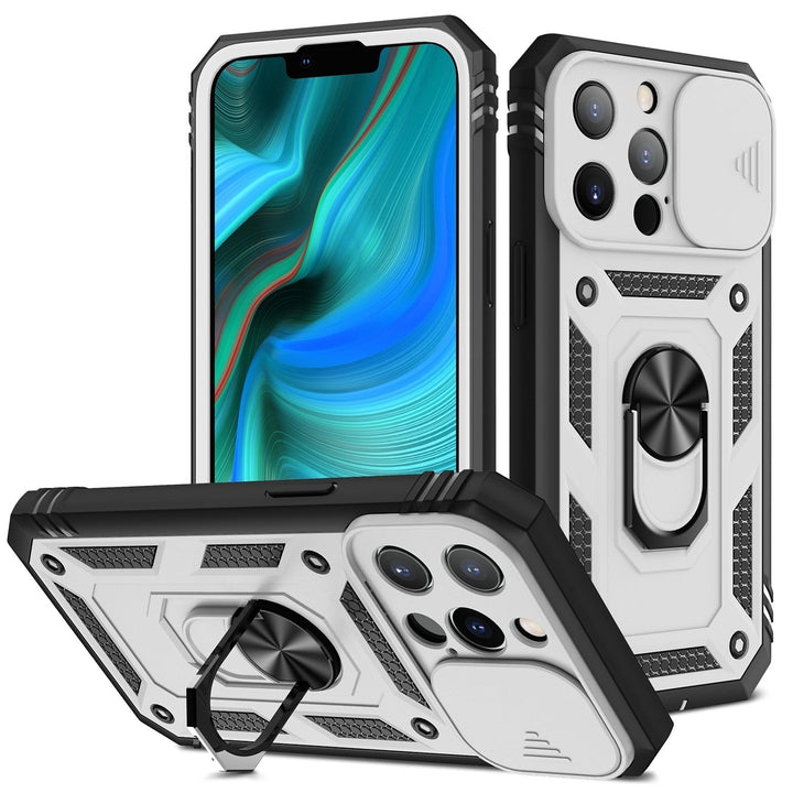 Protective iPhone case with kickstand and card slot, compatible with MagSafe chargers