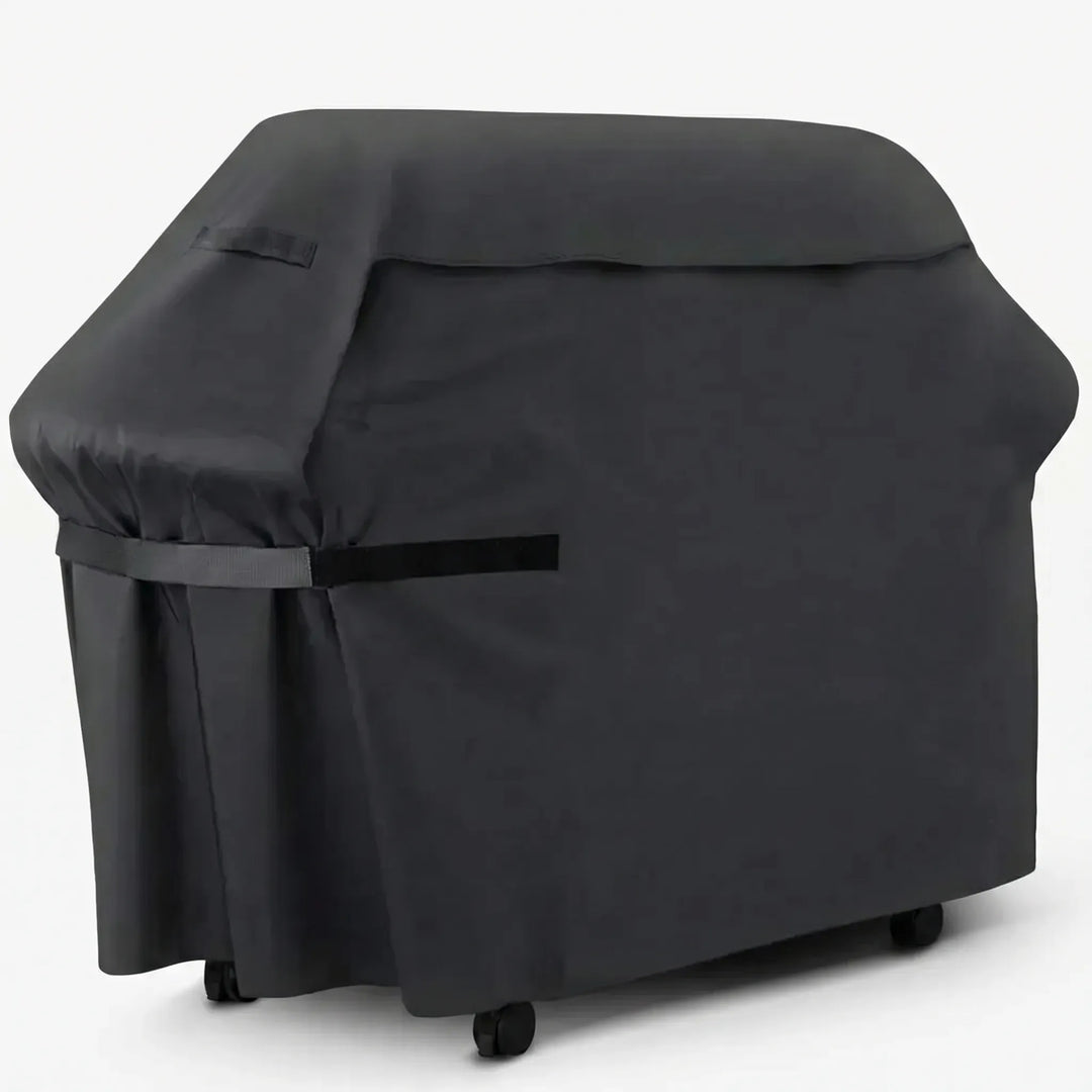 Heavy-duty black waterproof grill cover for outdoor gas barbecues, offering all-weather protection.