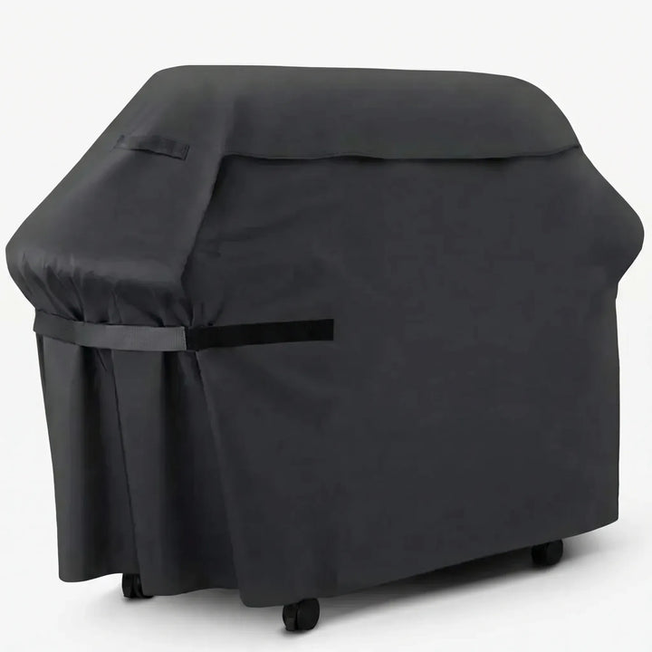 Heavy-duty black waterproof grill cover for outdoor gas barbecues, offering all-weather protection.
