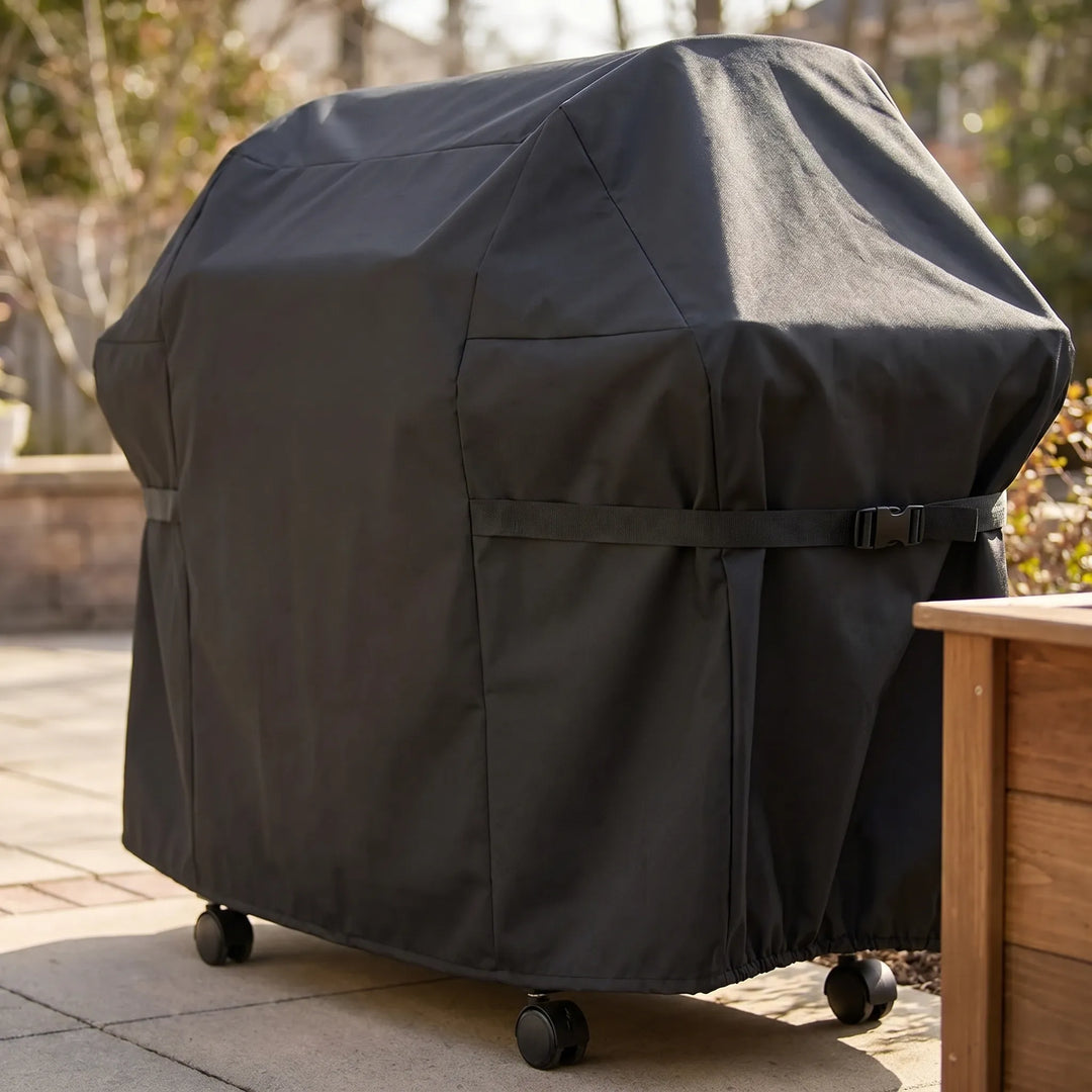 Durable patio grill cover, black, designed for heavy-duty outdoor gas barbecues, waterproof weather protection.