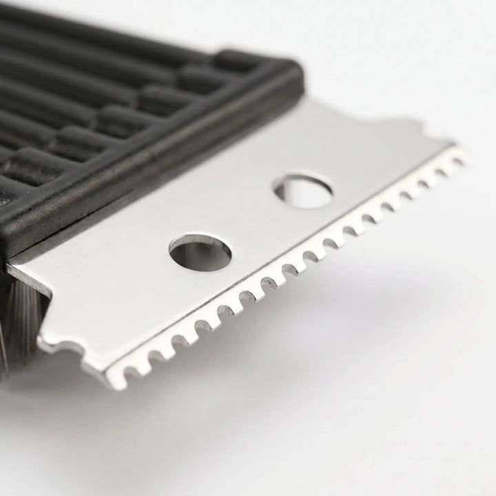 Grill cleaner brush in action, effortlessly removing charred food and grease from BBQ grates for easy cleanup.