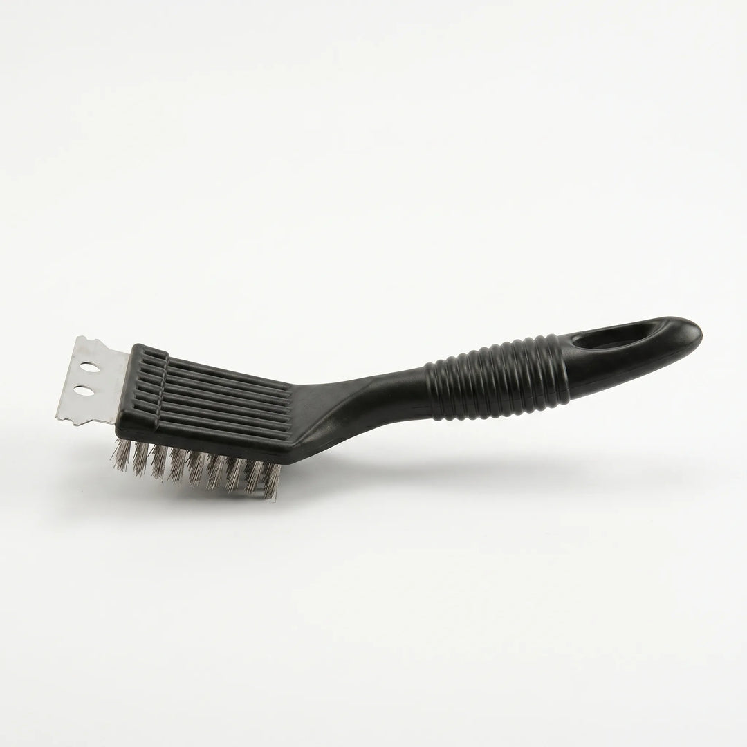 Ergonomic heavy-duty grill cleaner with a comfortable black handle & silver scraper for easy outdoor BBQ cleaning.
