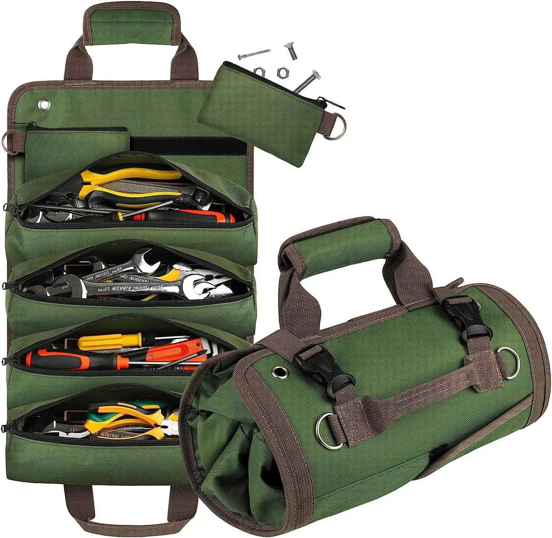 Heavy-duty roll-up tool bag organizer for portable tool storage, multi-pocket design for handyman gear.