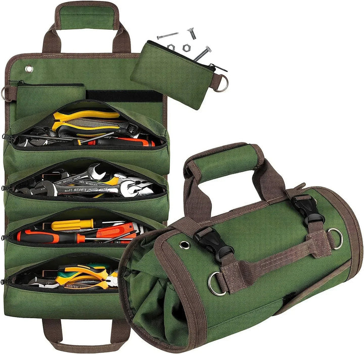 Heavy-duty roll-up tool bag organizer for portable tool storage, multi-pocket design for handyman gear.