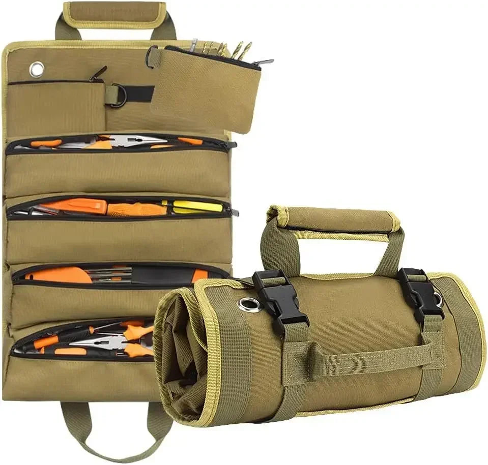 Durable canvas heavy-duty roll-up tool bag organizer, perfect for workshop tool storage & portable use.