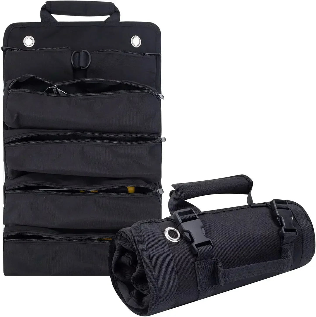 Multi-pocket roll-up tool organizer bag, ideal for efficient tool storage & easy access for handymen.