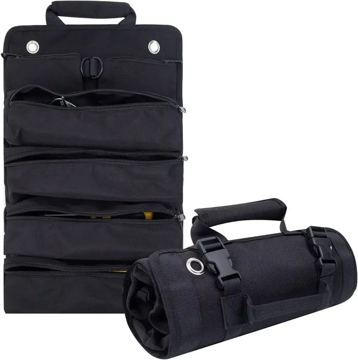 Multi-pocket roll-up tool organizer bag, ideal for efficient tool storage & easy access for handymen.