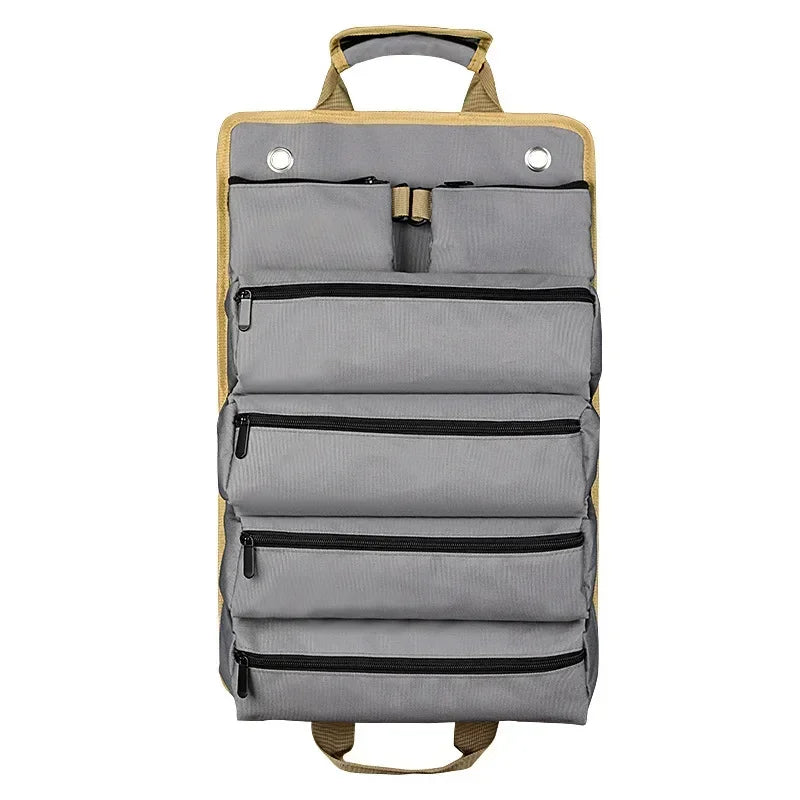 Handyman's heavy-duty roll-up tool carrier, perfect for portable tool storage & workshop organization.