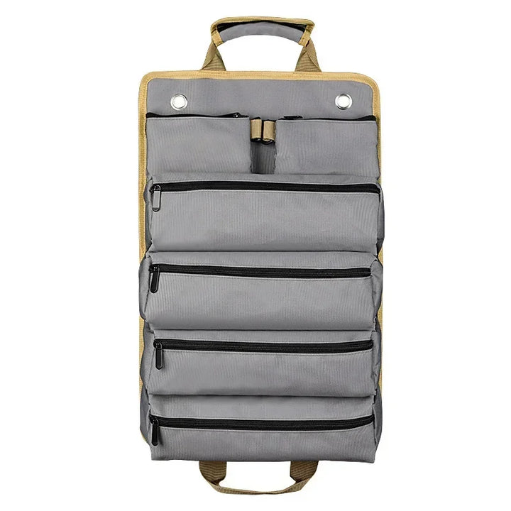 Handyman's heavy-duty roll-up tool carrier, perfect for portable tool storage & workshop organization.
