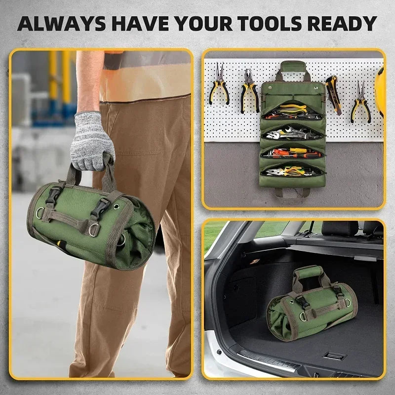 Compact roll-up tool bag organizer, heavy-duty design for portable tool storage & efficient workshop use.