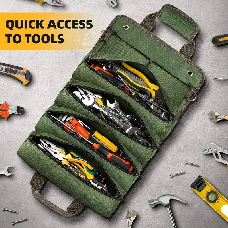 Multi-pocket heavy-duty roll-up tool organizer bag, perfect for storing various tools securely & portably.