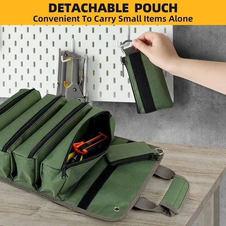 Rugged heavy-duty roll-up tool carrier bag, durable tool storage solution for demanding workshop environments.