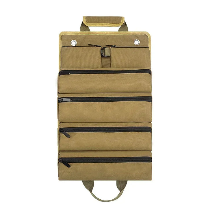Portable heavy-duty roll-up tool organizer, a durable multi-pocket work bag for all your essential tools.