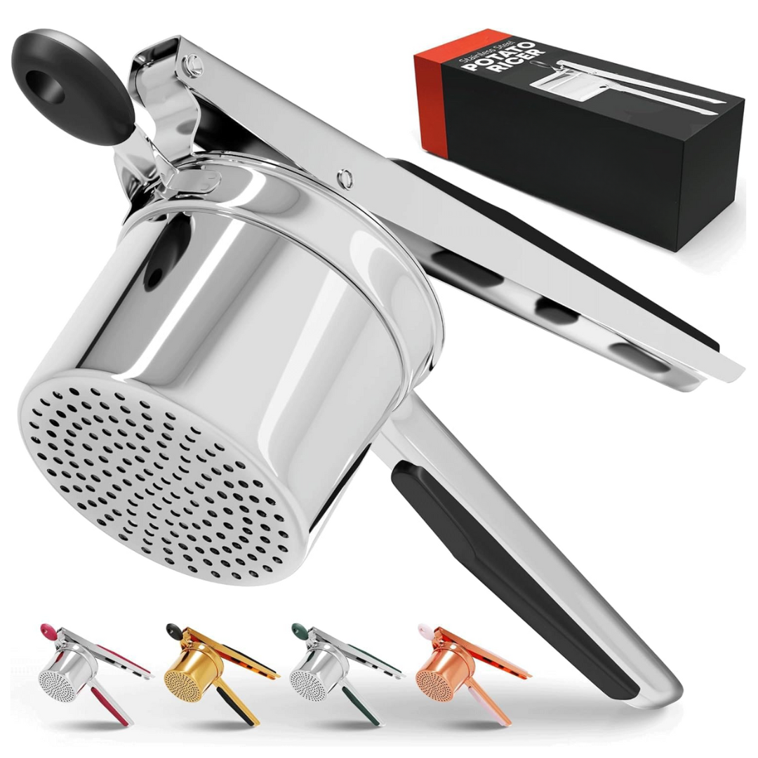 Robust stainless steel vegetable masher for potatoes and other root vegetables