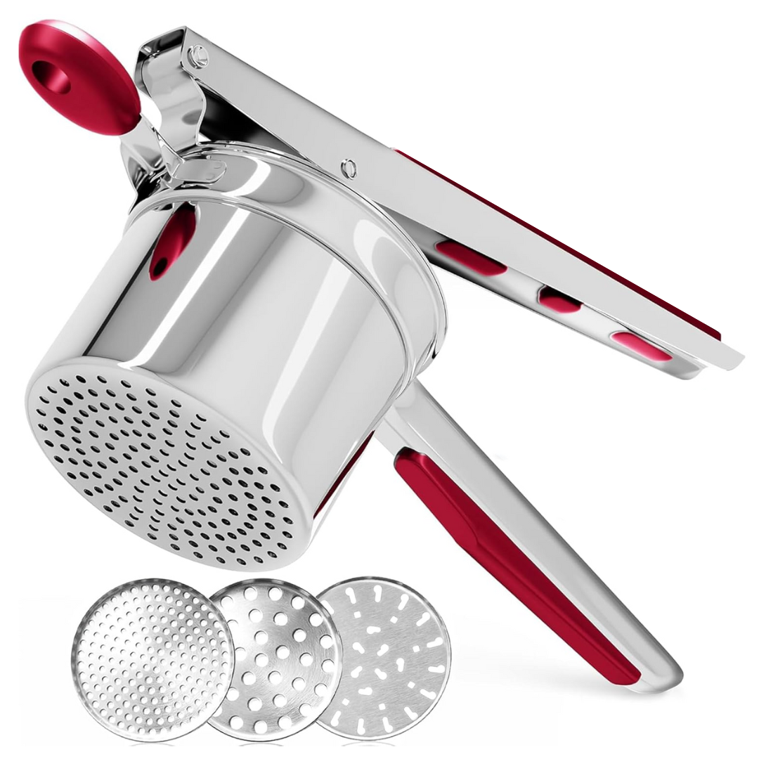 Heavy-duty stainless steel potato masher with red and gold accents, perfect for creamy mashed potatoes.