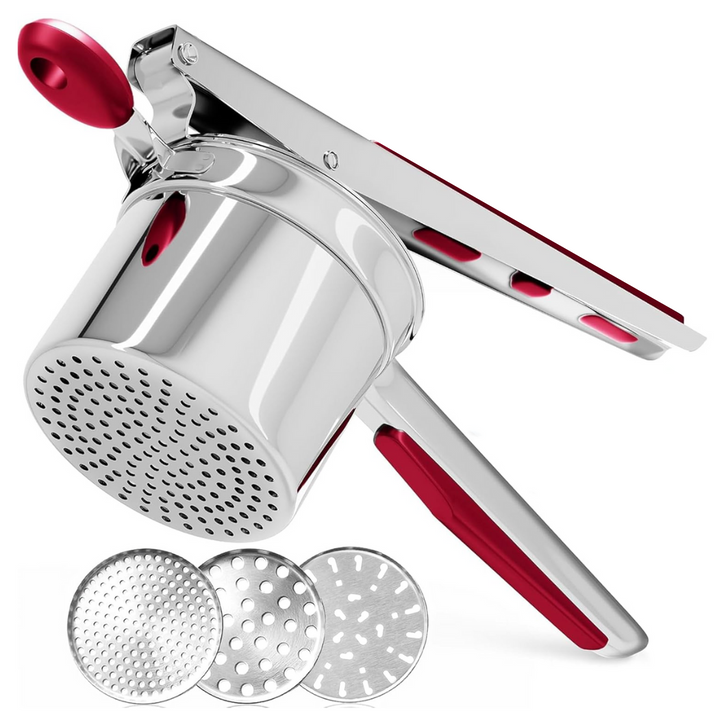 Heavy-duty stainless steel potato masher with red and gold accents, perfect for creamy mashed potatoes.