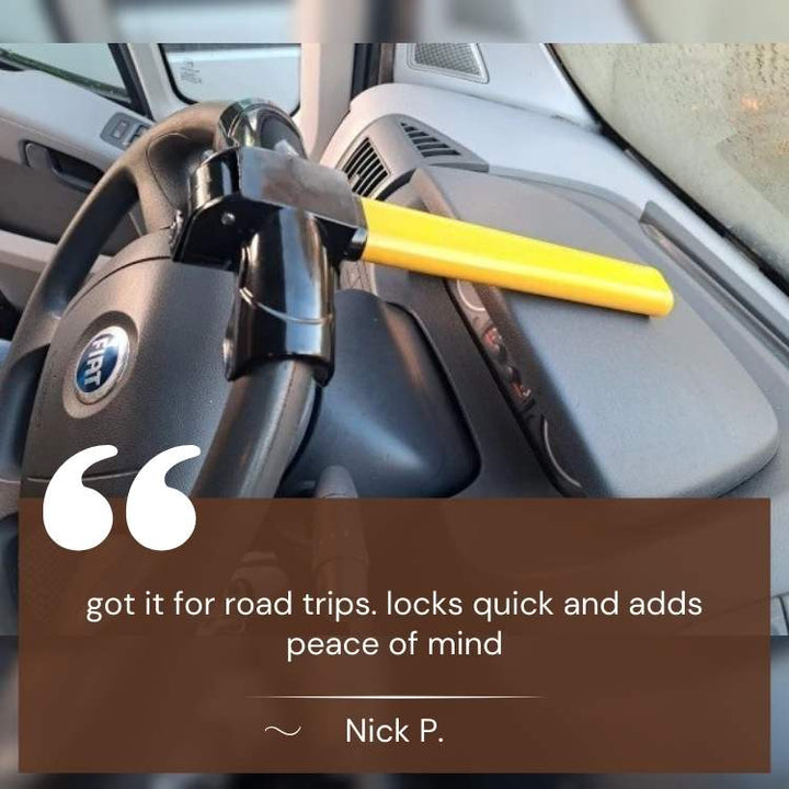 Secure your car with this universal heavy-duty steering wheel lock. Visible yellow anti-theft auto accessory.