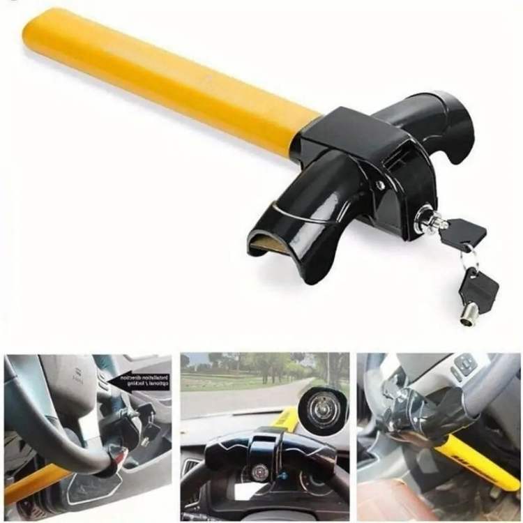 Premium heavy-duty steering wheel lock ensures universal car security & anti-theft auto safety.