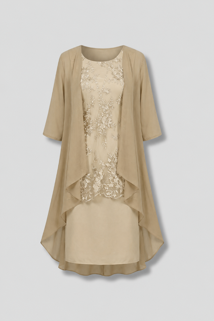 Elegant women's champagne layered lace cocktail midi dress with a flattering relaxed fit, perfect for wedding guests.