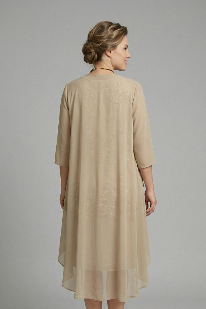 Champagne layered lace women's cocktail midi dress with a high-low hem, offering an elegant & flattering look.