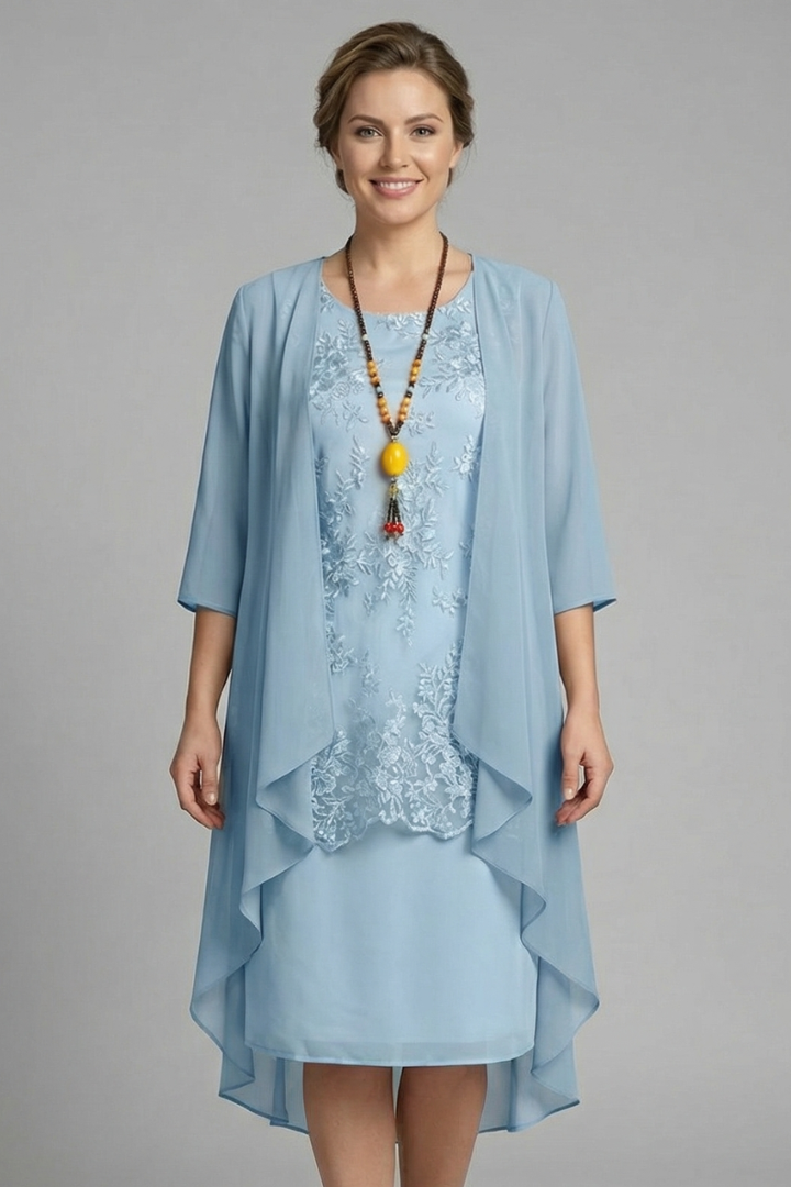 Women's sky blue relaxed layered lace cocktail midi dress, an elegant party dress with a flattering silhouette.