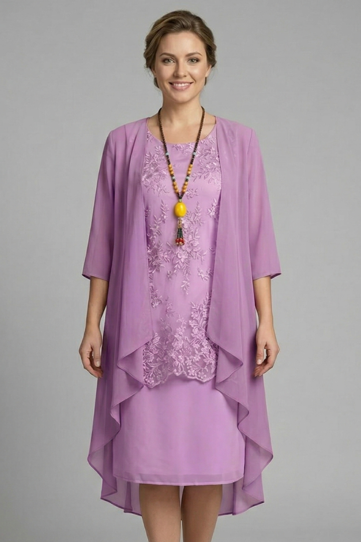 Purple lace layered midi dress for women, a stylish cocktail or wedding guest dress with a relaxed, elegant fit.