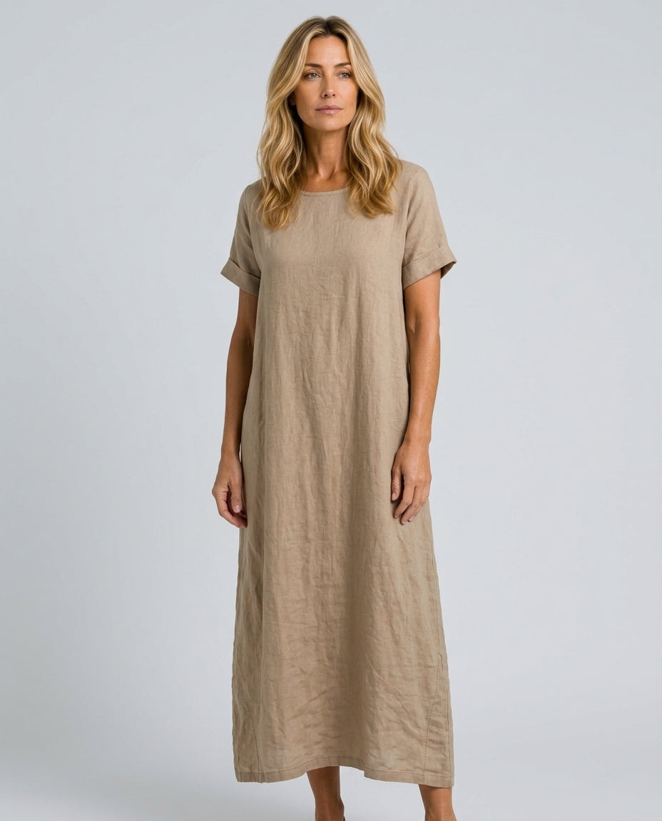 Women's timeless relaxed fit midi casual dress, perfect for everyday wear. Comfortable crinkled texture, round neck.