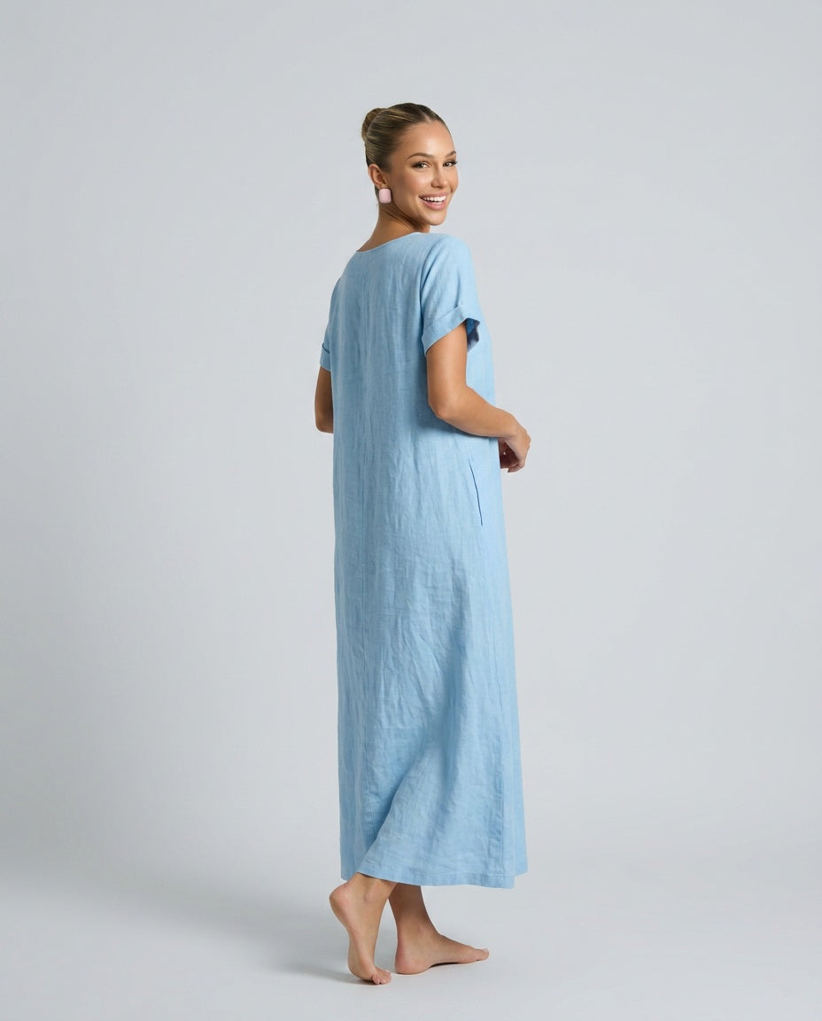 Timeless women's relaxed midi dress. Comfortable, versatile casual dress with crinkled texture & round neck.