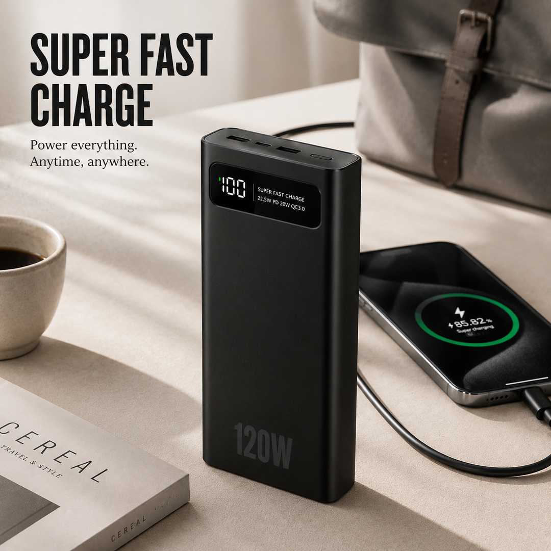 Sleek portable charger with super-fast output. Keep your devices powered anywhere, anytime.