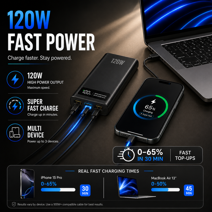 Durable power bank for phones & laptops. USB-C enabled, fast universal charging solution.
