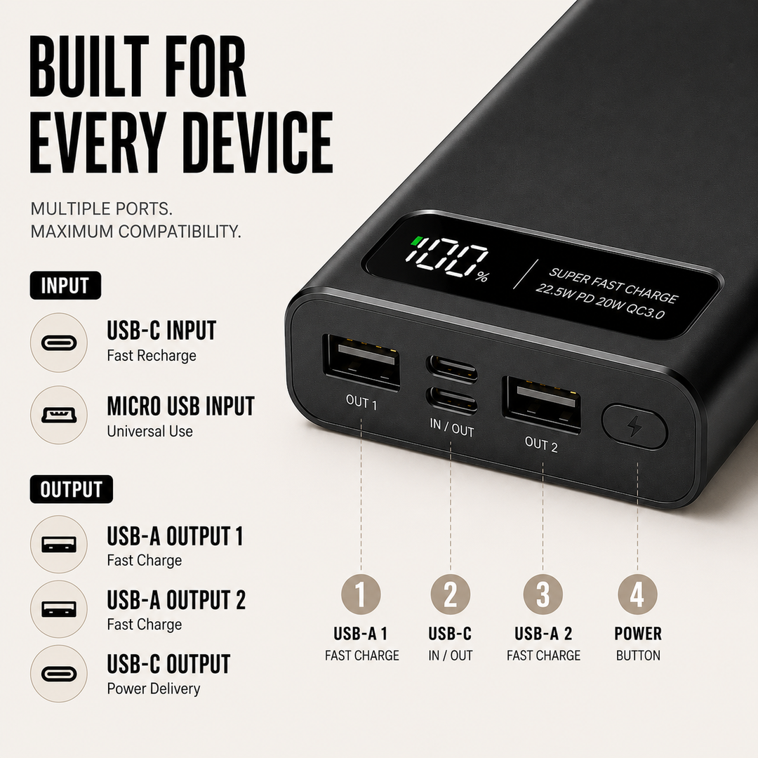 High-speed portable battery charger, ideal for travel. Universal compatibility, quick power top-up.