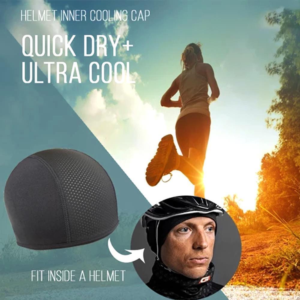 Cooling helmet liner for motorcycle, cycling, ski, snowboard. Sweat-wicking cap for active users.
