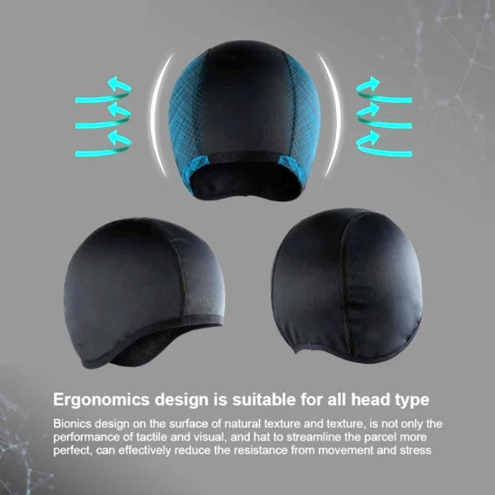 Unisex cooling cap helmet liner keeps head dry and comfortable during cycling, motorcycling, skiing.