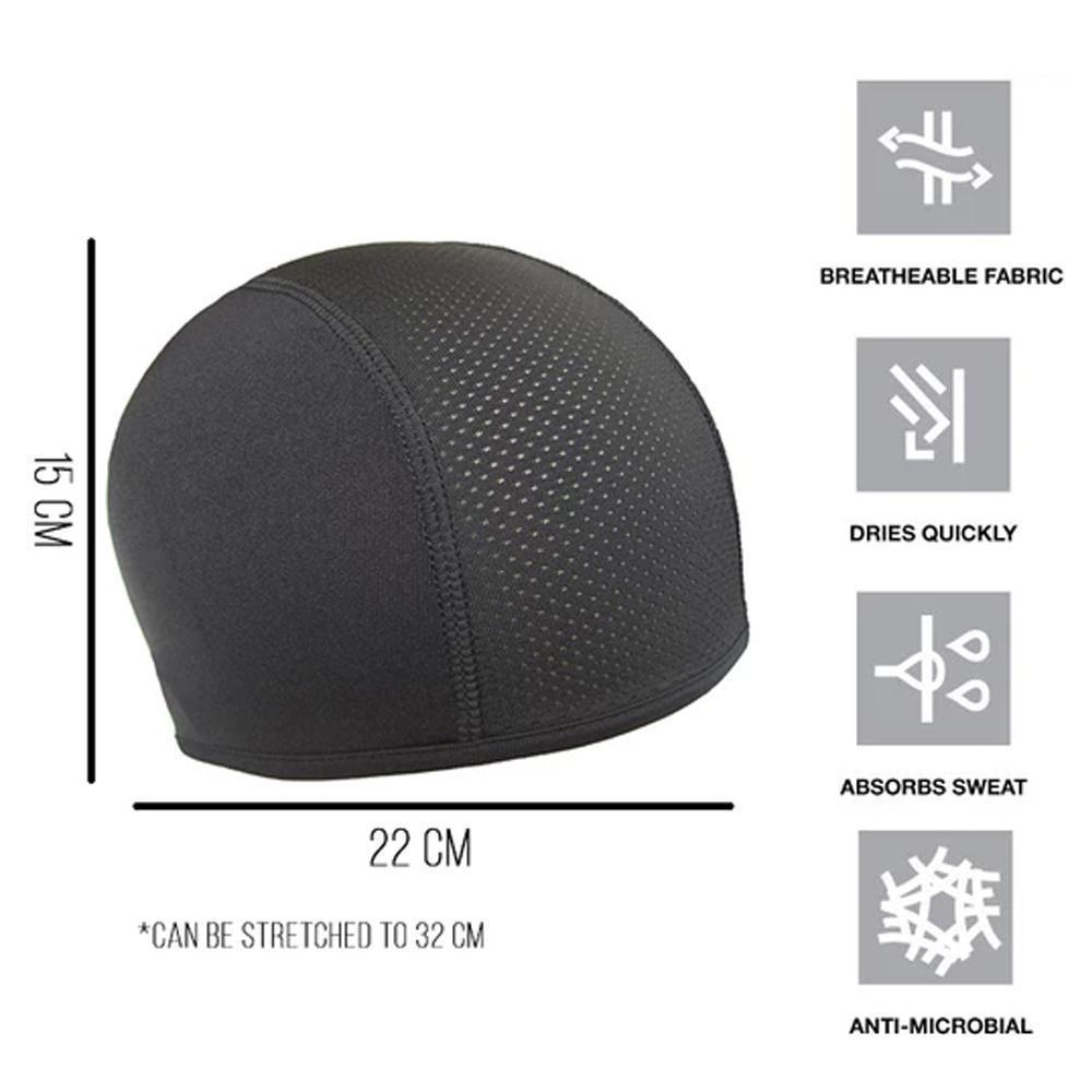 Athletic cooling helmet liner cap for motorcycle, bicycle, skiing, snowboarding. Sweat-wicking comfort.