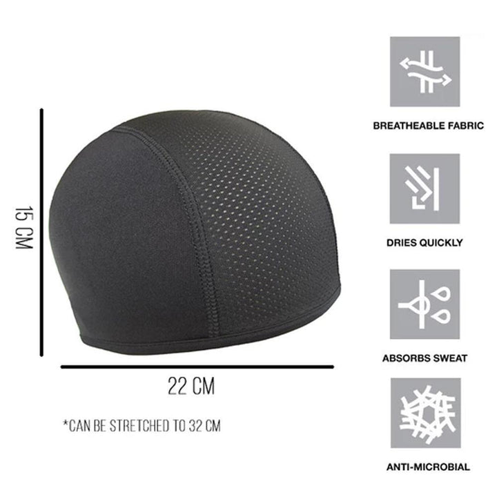 Athletic cooling helmet liner cap for motorcycle, bicycle, skiing, snowboarding. Sweat-wicking comfort.