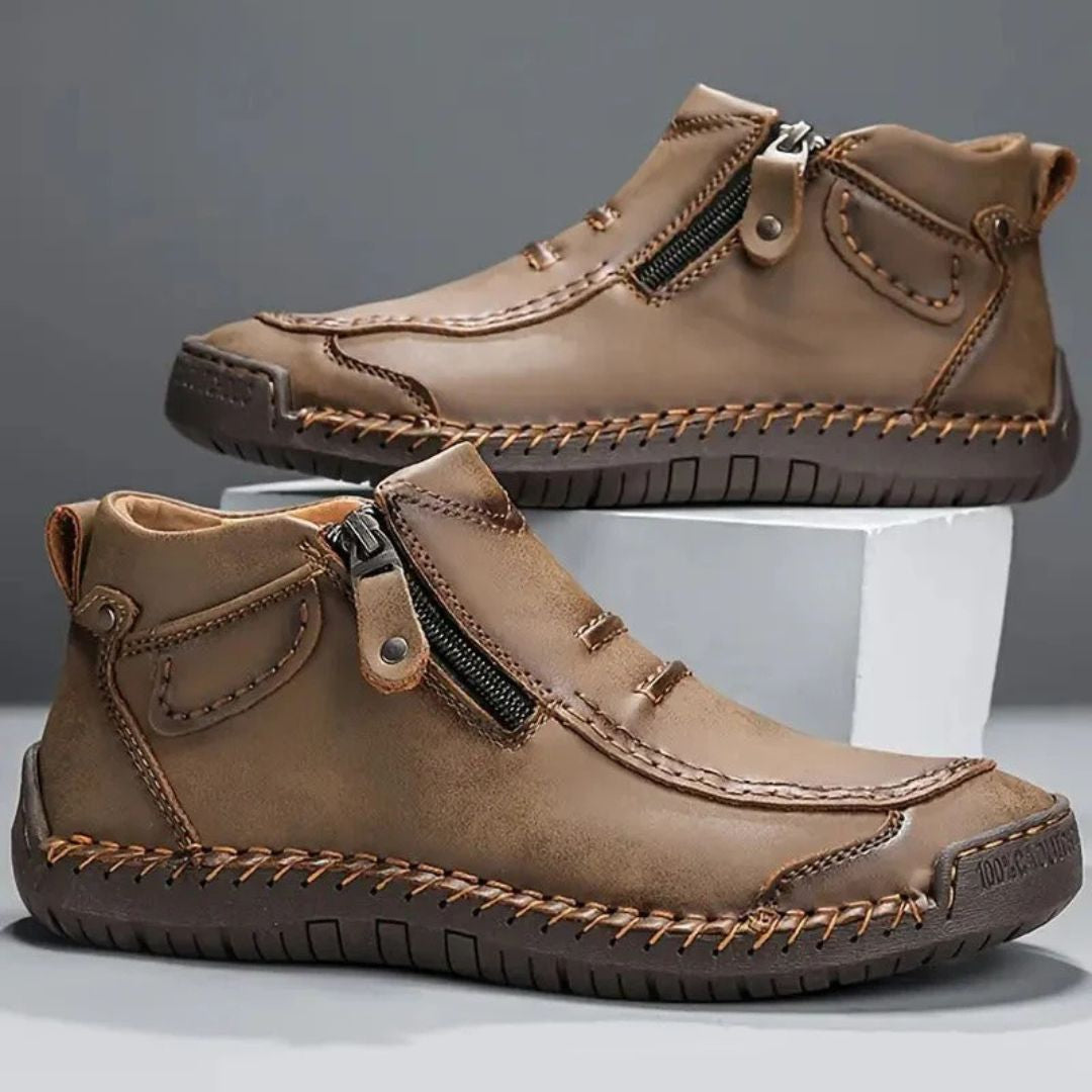 Rugged men's stitched orthopedic ankle boots with side zip, perfect for work, casual outings & everyday comfort.