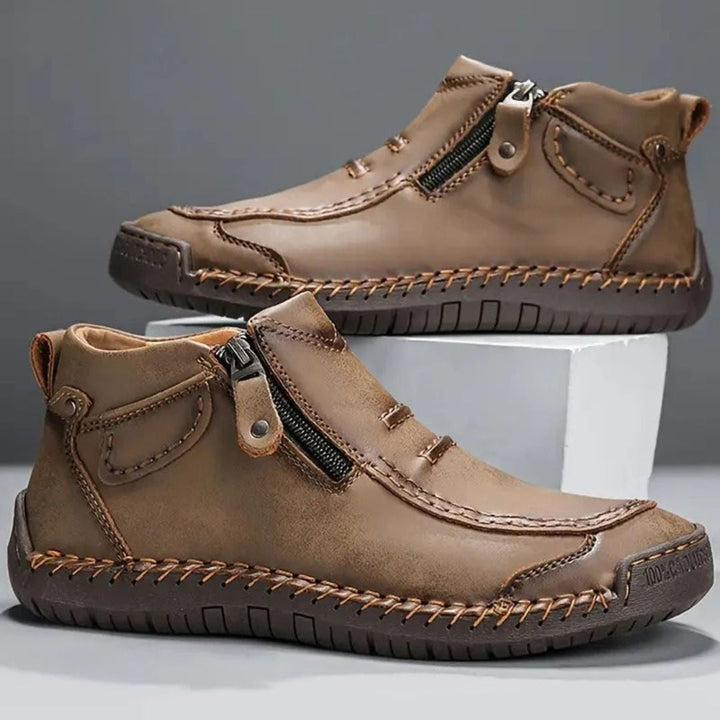 Rugged men's stitched orthopedic ankle boots with side zip, perfect for work, casual outings & everyday comfort.