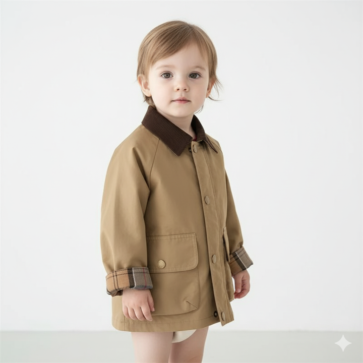 Youth boys' autumn jacket featuring stylish plaid cuffs & button-down front. Great for cool weather.