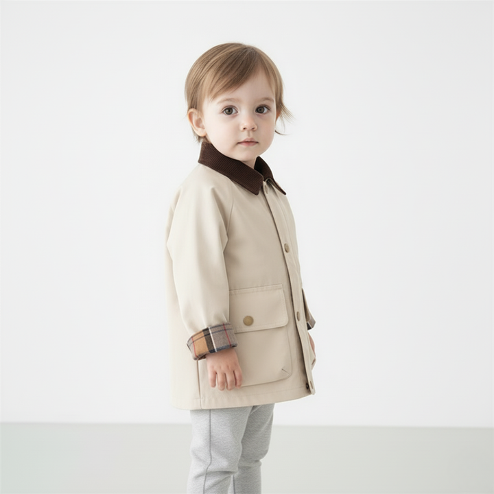 Toddler fashion plaid cuff jacket. Stylish button-down kids outerwear for everyday wear.