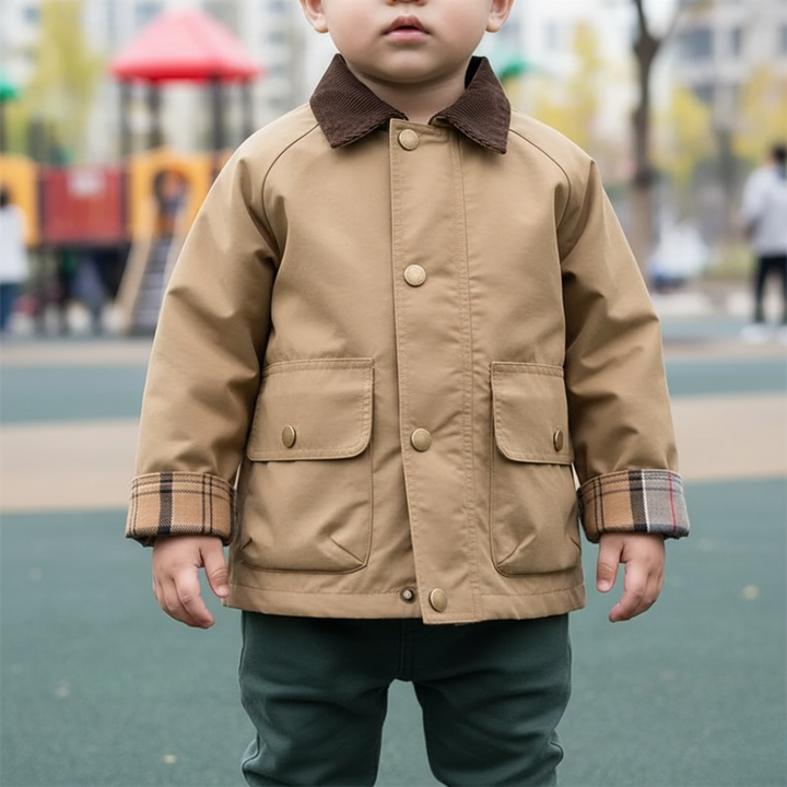 Button-down boys' jacket with fashionable plaid cuffs. Durable & stylish youth outerwear.