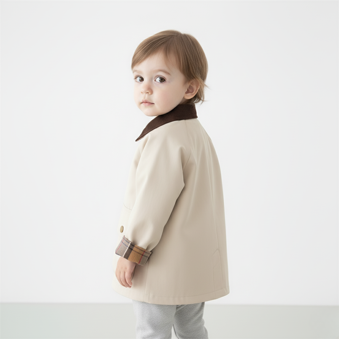 Everyday stylish boys' jacket with unique plaid cuff detail. Essential kids' casual wear.