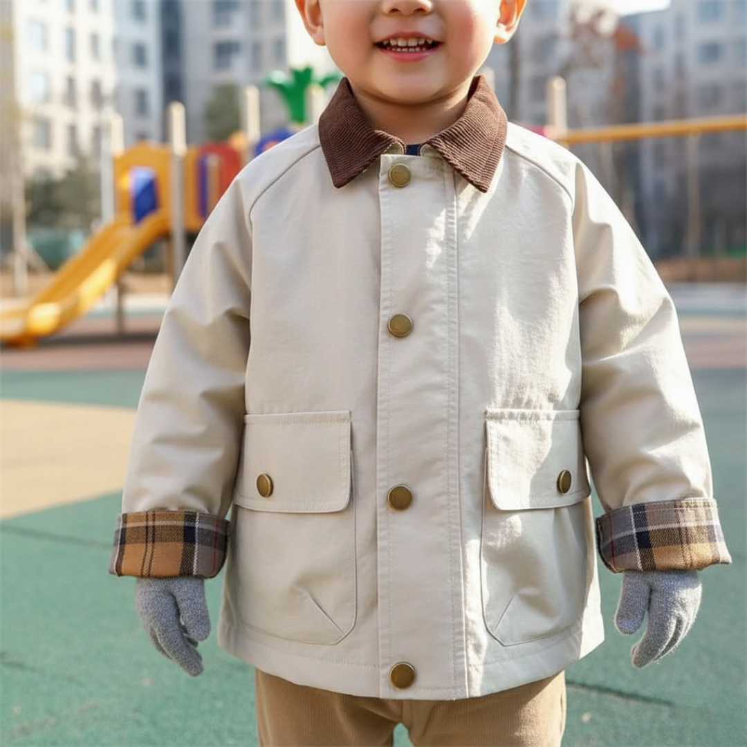 Adorable toddler & youth boys' spring/autumn jacket. Features cool plaid cuffs & button-front.